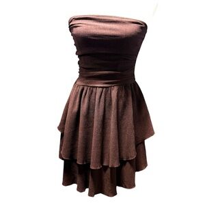 Strapless Mini Textured Tiered Ruffle Dress Size S Chocolate Brown Stretch Y2K
